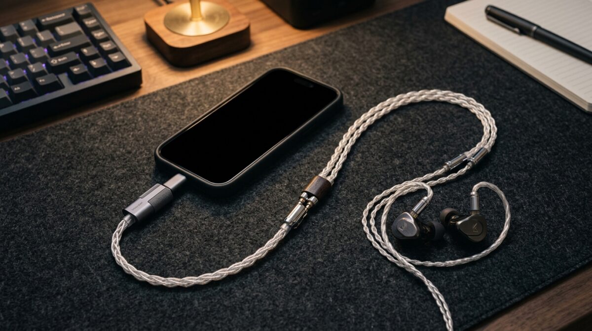 超小型USB-C DACドングルでスマホと有線イヤホンを接続する様子